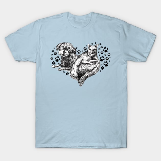Love 'Em, Don't Leave 'Em, Cat and Dog Heart T-Shirt by FreeSpiritMeg
